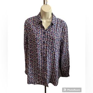 Beach Lunch Lounge Long Sleeve Bird  Print Button Front Shirt Women's Top Size M